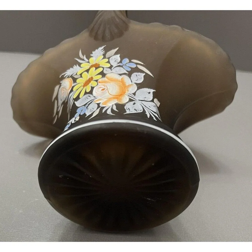 Westmoreland Frosted Smokey Brown Glass Basket Hand Painted Summer Spring Floral